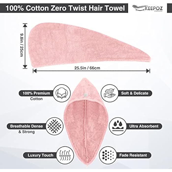 KEEPOZ Zero Twist 100% Cotton Hair Towel Wrap, Terrycloth Hair Turban Rapid Drying Towel for Hair with Button, Anti Frizz Hair Towel with Elastic Strap, Cap for Long & Thick Hair (Pink) - Image 2